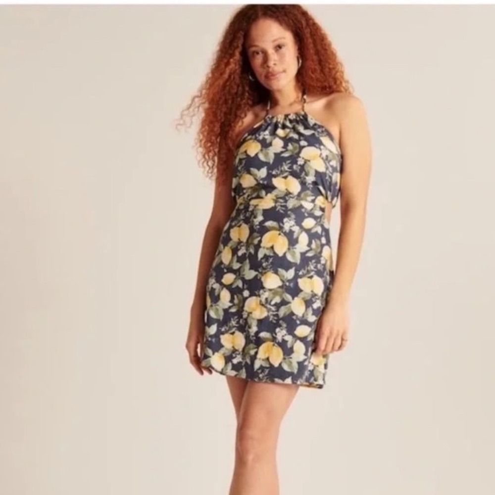 Abercrombie & Fitch Navy Lemon Floral Linen Halter Cut-Out Mini‎ Dress LP Petit - Picture 2 of 7